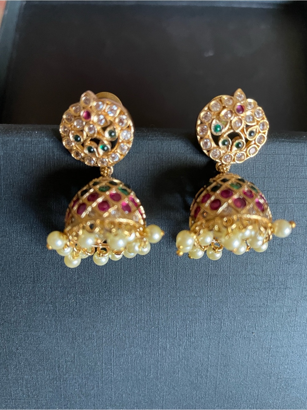 Gold Jhumka Earrings with Pink & Green Enamel and Pearl Fringe